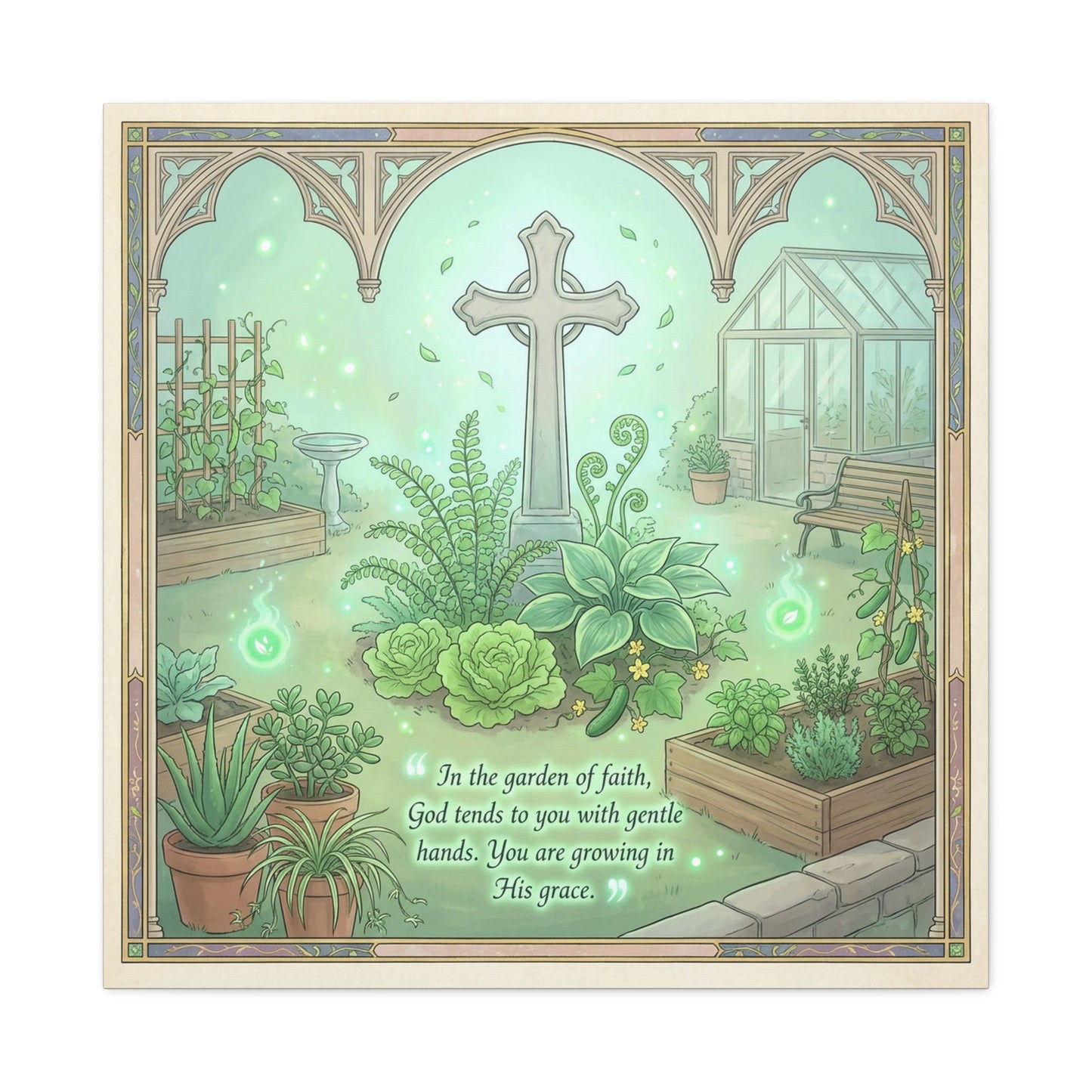 "In The Garden Of Faith" Christian Canvas Wall Art - Cross Garden Quote Print - Botanical Scripture Decor, Matte Cotton Canvas - Traditional Religious Wall Decor For Bedroom Office - Ready to Hang