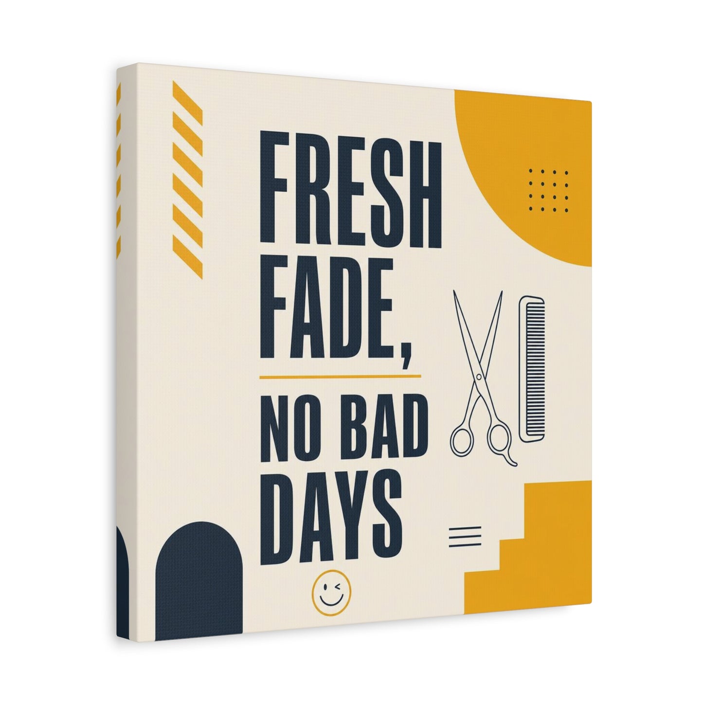 "Fresh Fade, No Bad Days" Barber Shop Canvas Wall Art - Scissors And Comb Typography Print - Modern Yellow Black Salon Decor - Workspace Wall Decor, Lobby Wall Art Accent - Gallery Wrapped Canvas