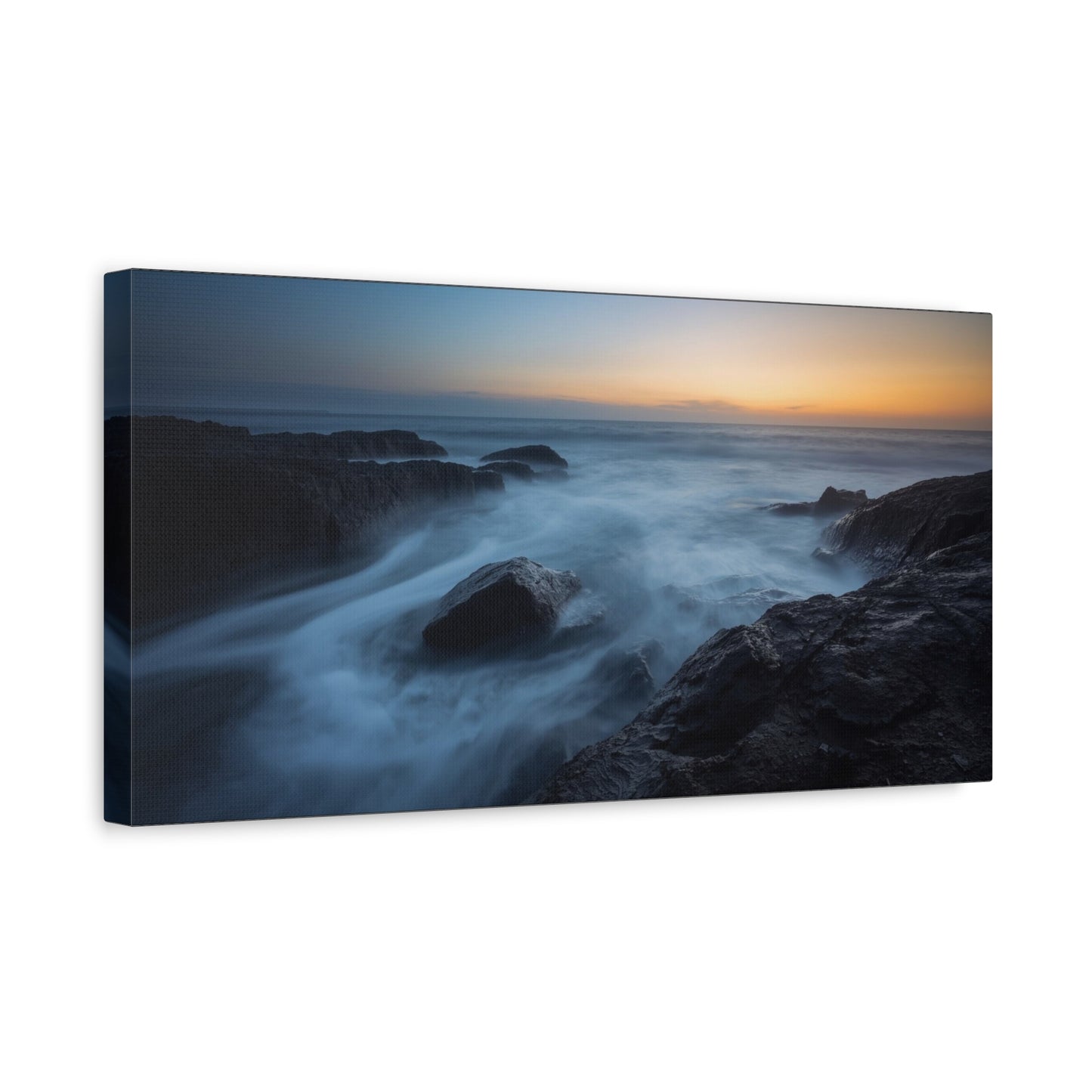 Rocky Ocean Seascape Canvas Wall Art - Long Exposure Coastal Sunset Art Print, Blue Water And Dark Stone Shoreline - Contemporary Matte Canvas Print - Living Room Bedroom Office Decor