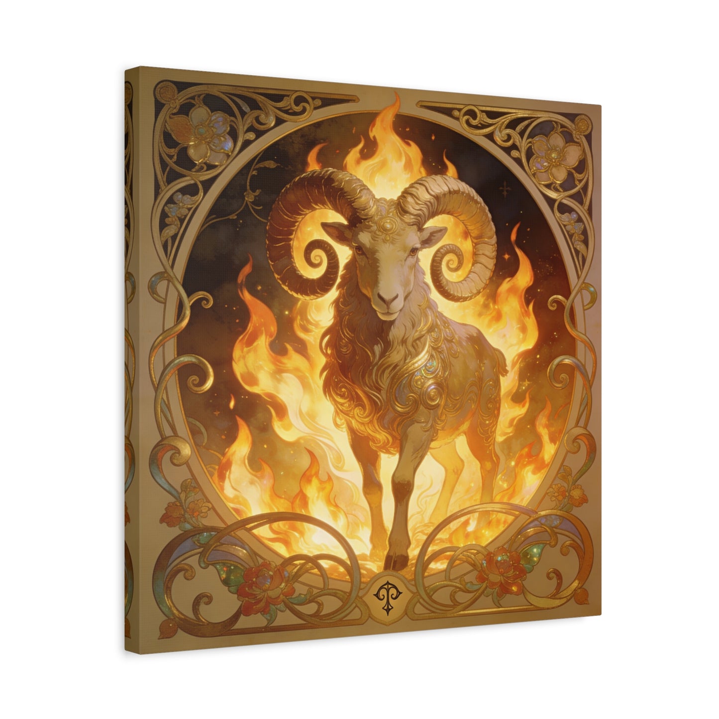 Aries Ram Canvas Wall Art - Fiery Zodiac Illustration, Ornate Gold Nouveau Design - Matte Cotton Art Print - Bohemian Astrology Decor, Bedroom Home Decoration, Office Wall Art - Modern Farmhouse Style