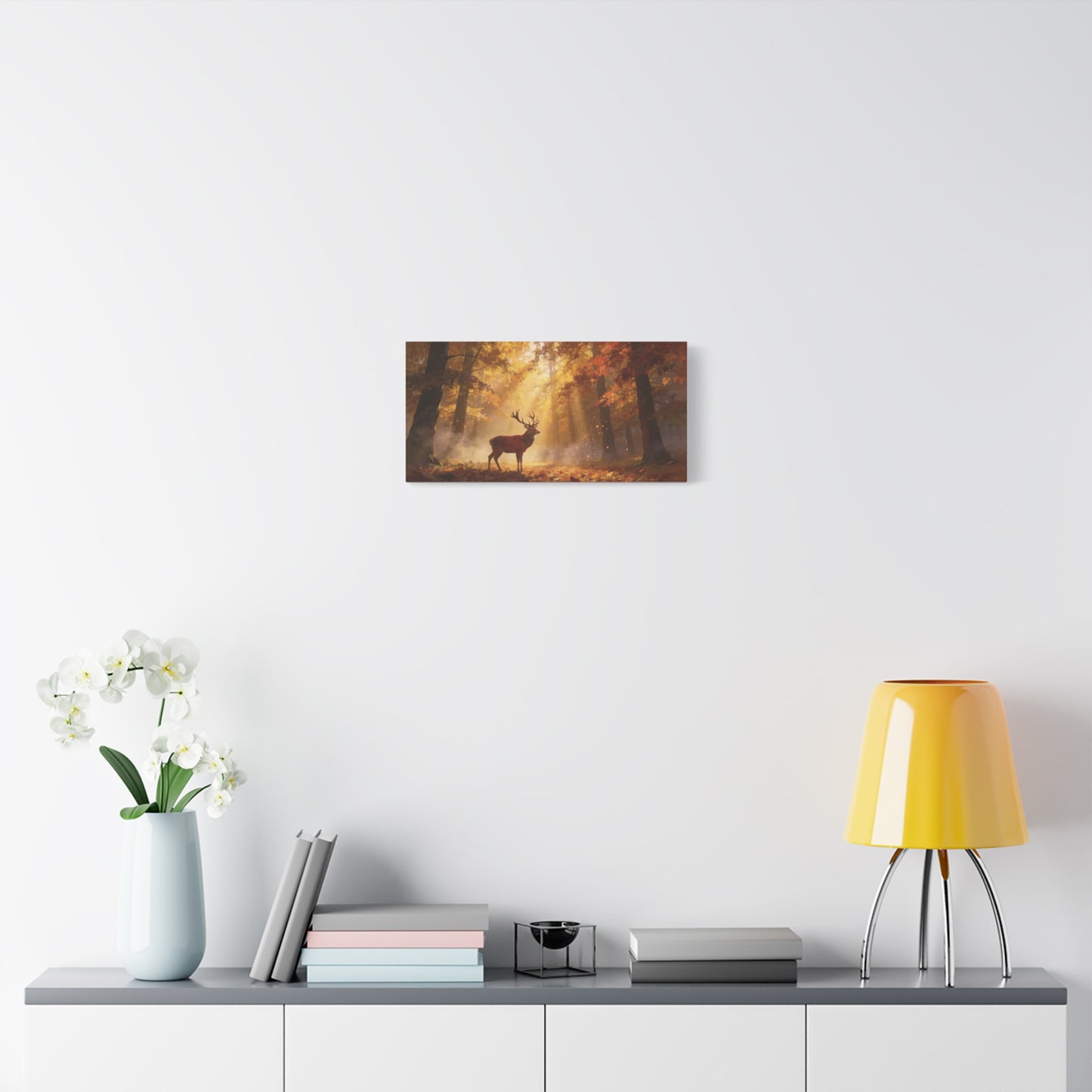 Stag Forest Canvas Wall Art - Golden Sunbeams, Misty Autumn Woodland - Matte Canvas Print - Rustic Nature Style - Living Room Wall Decor, Bedroom Home Decoration, Office Art - Bedroom Home Decoration