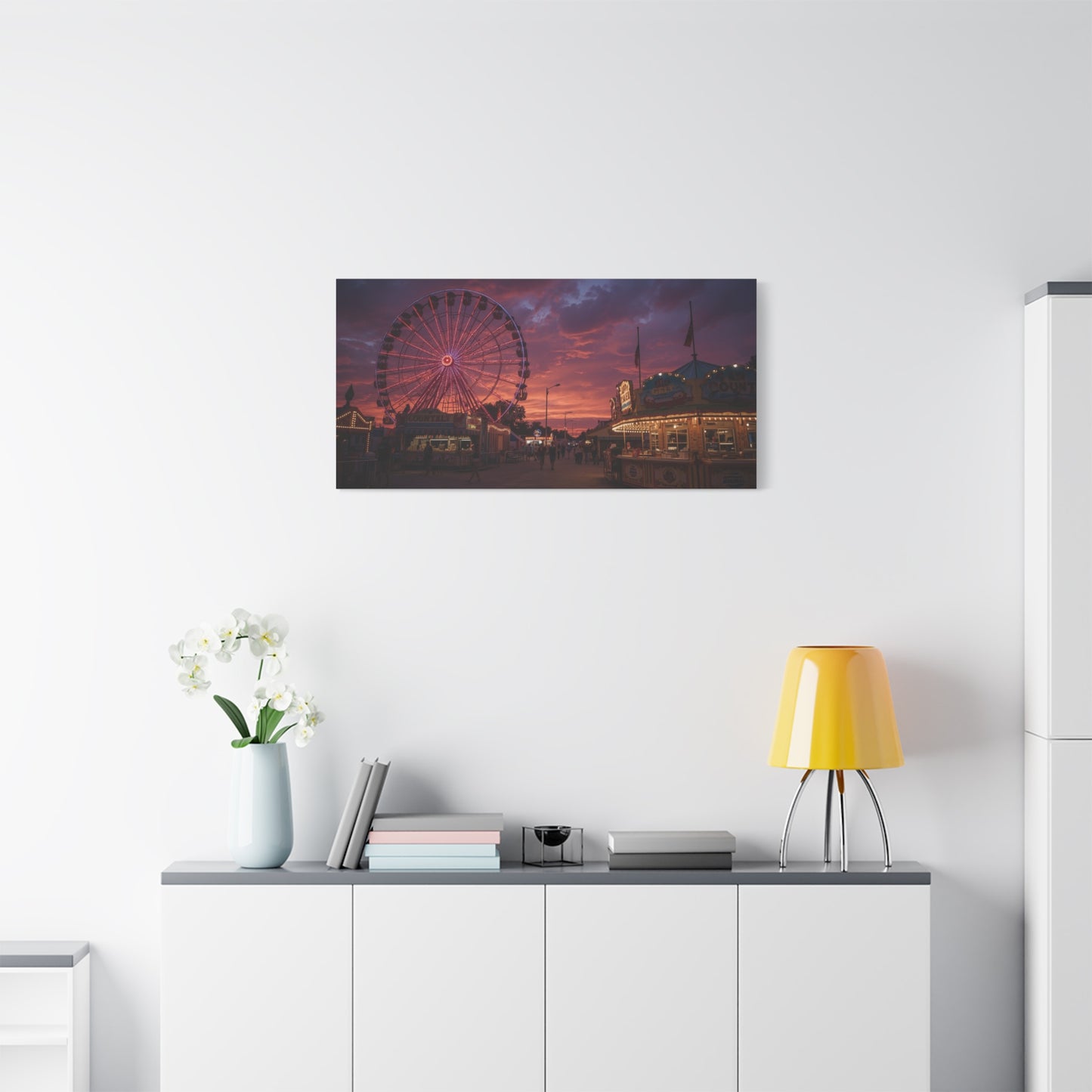 Ferris Wheel Sunset Canvas Wall Art - Carnival Boardwalk Art Print, Purple Pink Sky, Contemporary Nightscape - Living Room Wall Decor, Bedroom Home Decoration, Office Art - Ready to Hang