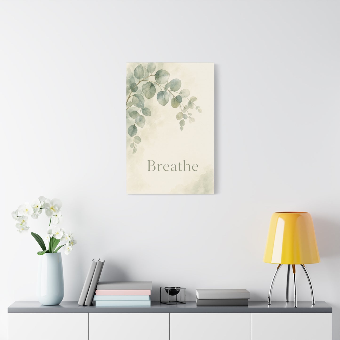 "Breathe" Botanical Canvas Wall Art - Sage Green Eucalyptus Leaves Watercolor Print - Minimalist Inspirational Wall Decor - Bedroom Home Decoration, Meditation Space Accent - Bedroom Home Decoration