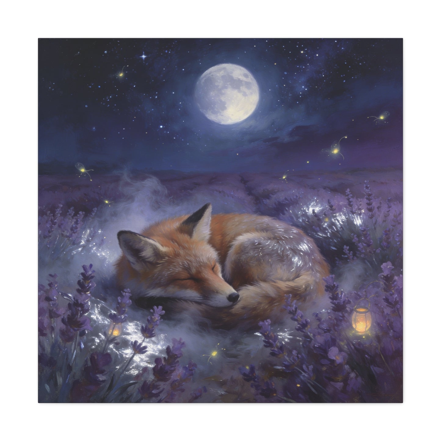 Sleeping Red Fox Canvas Wall Art - Moonlit Lavender Field, Fireflies, Starry Night Sky - Dreamy Woodland Animal Print - Matte Finish Canvas - Bedroom Wall Decor, Nursery Accent - Cozy Reading Nook Art