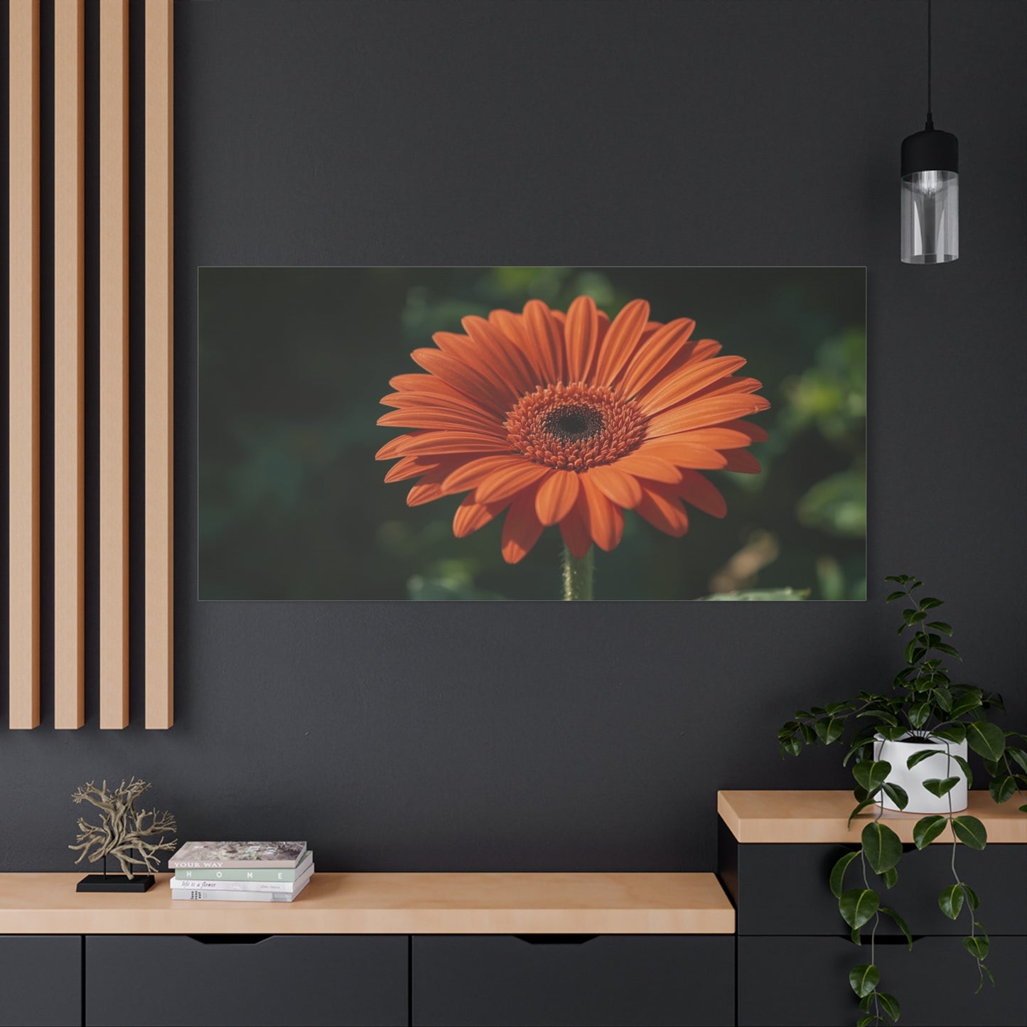 Orange Gerbera Daisy Canvas Wall Art - Botanical Floral Art Print, Dark Green Background - Matte Cotton Decor - Bedroom Wall Hanging, Living Room Home Accent - Bedroom Home Decoration