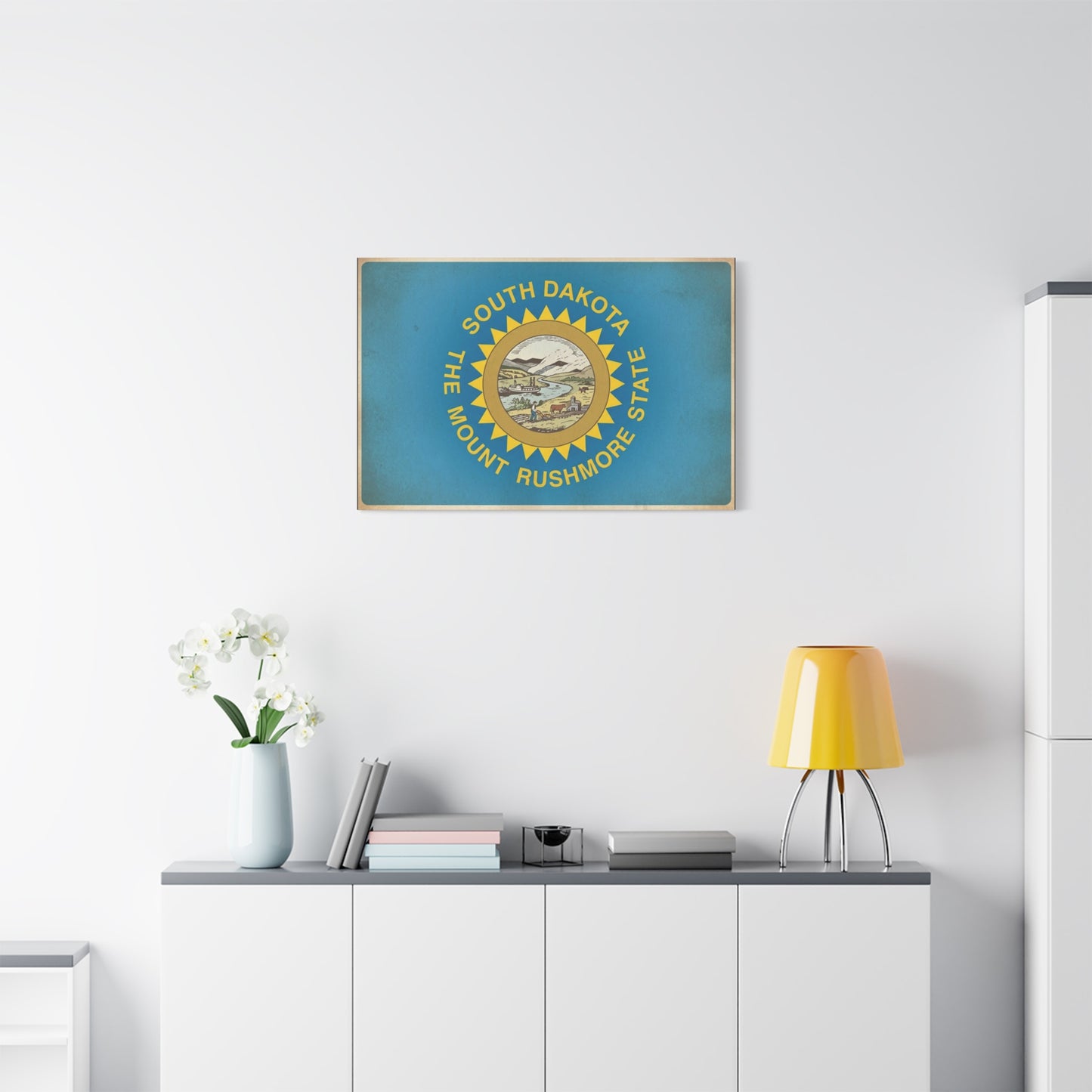 "South Dakota The Mount Rushmore State" Flag Canvas Wall Art - Vintage State Pride Decor, Blue Banner Print, Rustic Americana Style, Living Room Wall Decor, Office Art - Bedroom Home Decoration