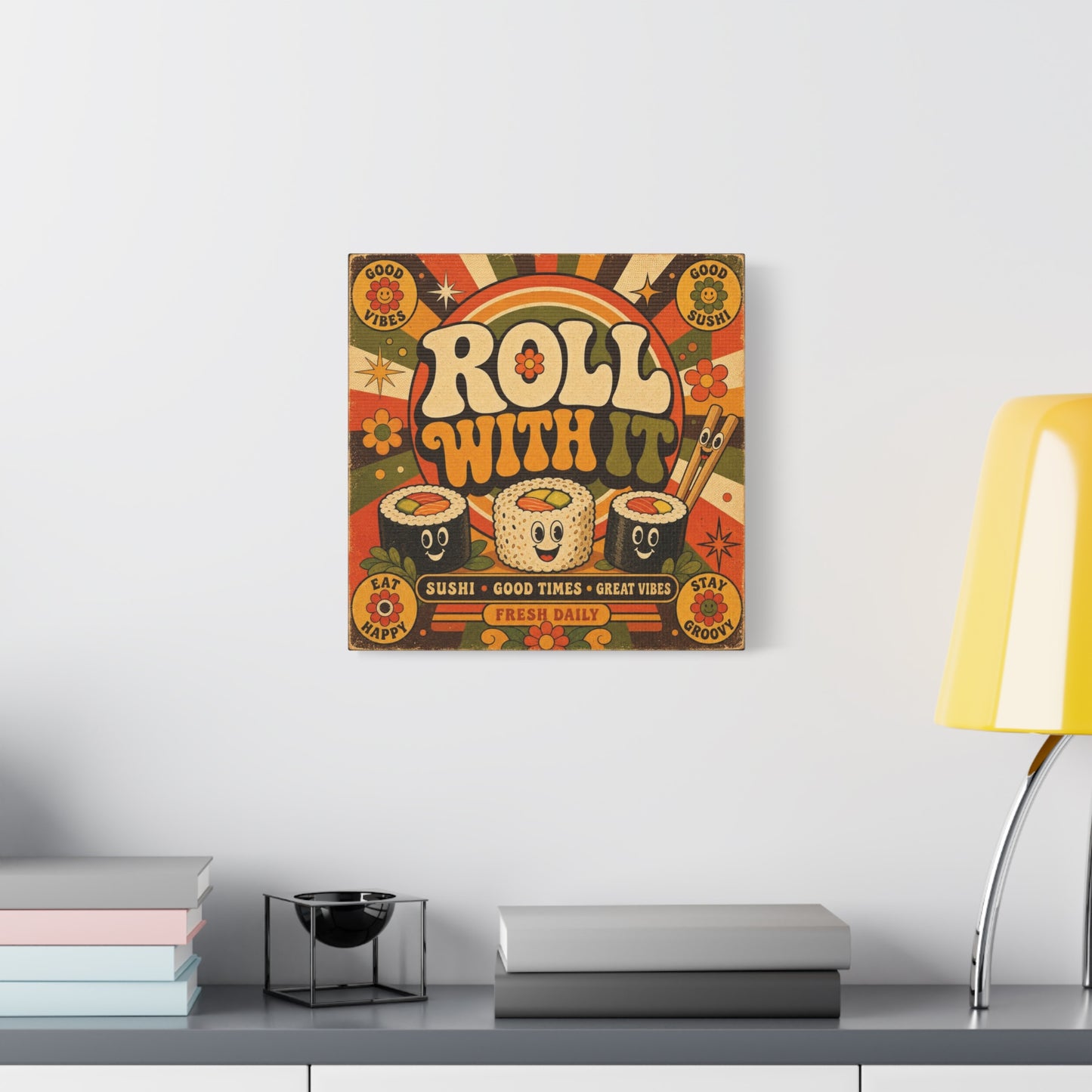 "Roll With It" Sushi Canvas Wall Art - Retro Typography Food Illustration, Groovy Orange Green Bohemian Print, Cafe Wall Decor, Kitchen Room Decoration, Vintage Poster Style - Bedroom Home Decoration
