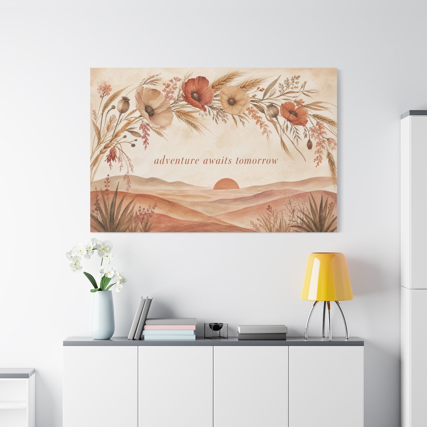 "Adventure Awaits Tomorrow" Poppy Flower Canvas Wall Art - Boho Botanical Desert Sunset Quote Print - Warm Neutral Watercolor Landscape - Bedroom Wall Decor, Living Room Home Accent - Ready to Hang