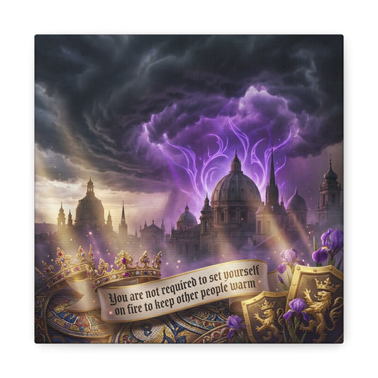 "You Are Not Required To Set Yourself On Fire" Canvas Wall Art - Gothic Castle Quote Decor, Purple Storm Sky, Crown And Iris Fantasy Print - Bedroom Home Decoration, Living Room Accent - Ready to Hang