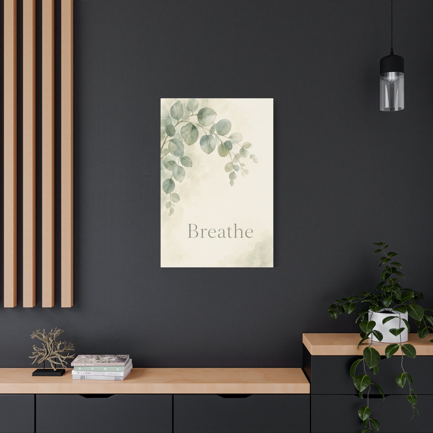 "Breathe" Botanical Canvas Wall Art - Sage Green Eucalyptus Leaves Watercolor Print - Minimalist Inspirational Wall Decor - Bedroom Home Decoration, Meditation Space Accent - Bedroom Home Decoration