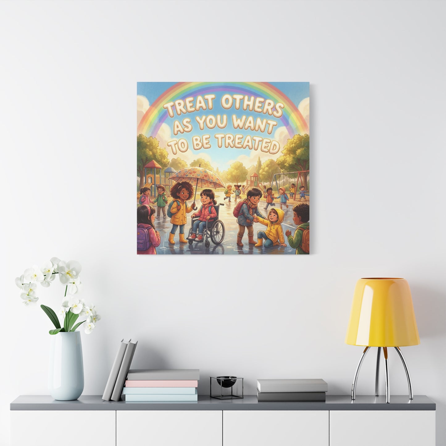 Kindness Quote Canvas Wall Art - Rainbow Playground Children Illustration Print - Inclusive Classroom Decor, Kids Room Wall Hanging, School Counselor Office Poster, Bohemian Nursery Accent