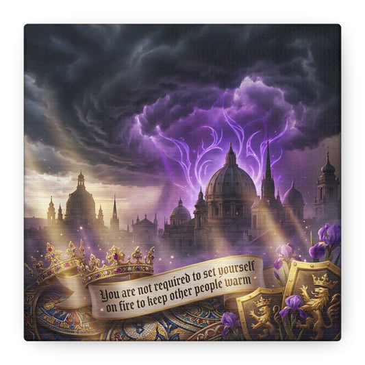 "You Are Not Required To Set Yourself On Fire" Canvas Wall Art - Gothic Castle Quote Decor, Purple Storm Sky, Crown And Iris Fantasy Print - Bedroom Home Decoration, Living Room Accent - Ready to Hang