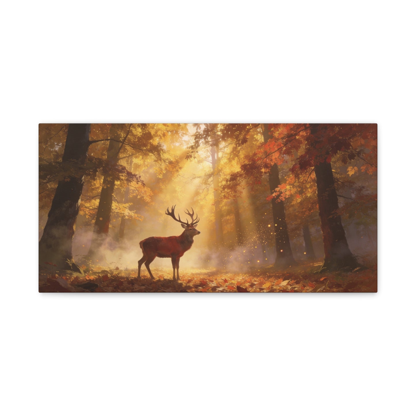 Stag Forest Canvas Wall Art - Golden Sunbeams, Misty Autumn Woodland - Matte Canvas Print - Rustic Nature Style - Living Room Wall Decor, Bedroom Home Decoration, Office Art - Bedroom Home Decoration