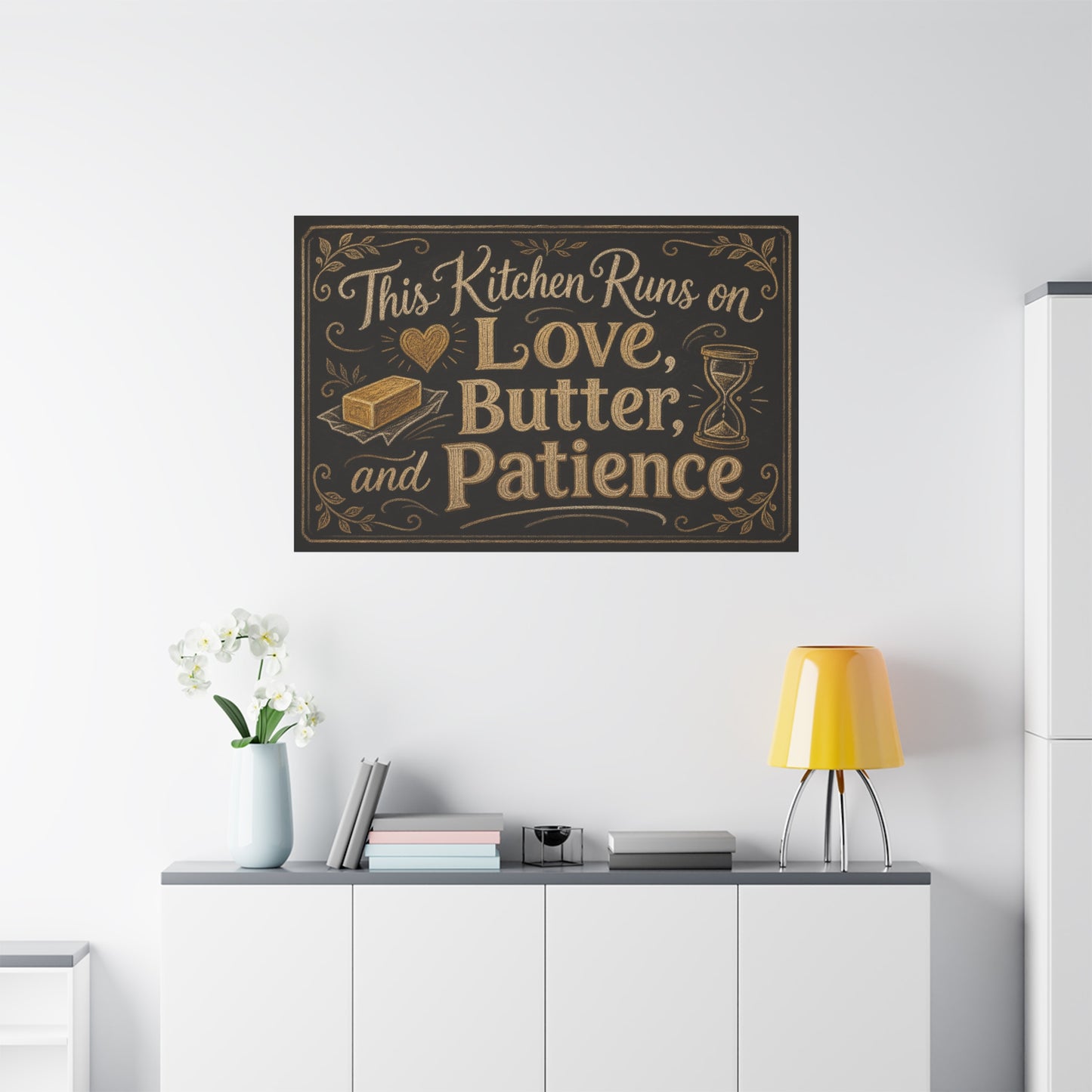 "This Kitchen Runs On Love, Butter, And Patience" Canvas Wall Art - Rustic Typography Kitchen Decor - Chalkboard Style Cotton Print - Ready to Hang