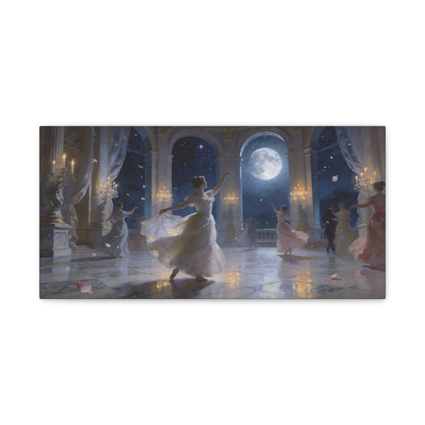 Moonlit Ballroom Dance Canvas Wall Art - Romantic Palace Night Scene, Elegant Dancers, Full Moon Arches - Dreamy Matte Canvas Print - Bedroom Wall Decor, Living Room Accent - Bedroom Home Decoration