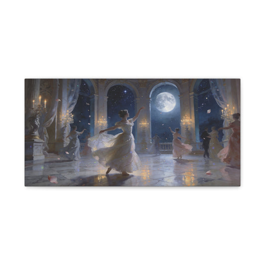 Moonlit Ballroom Dance Canvas Wall Art - Romantic Palace Night Scene, Elegant Dancers, Full Moon Arches - Dreamy Matte Canvas Print - Bedroom Wall Decor, Living Room Accent - Bedroom Home Decoration