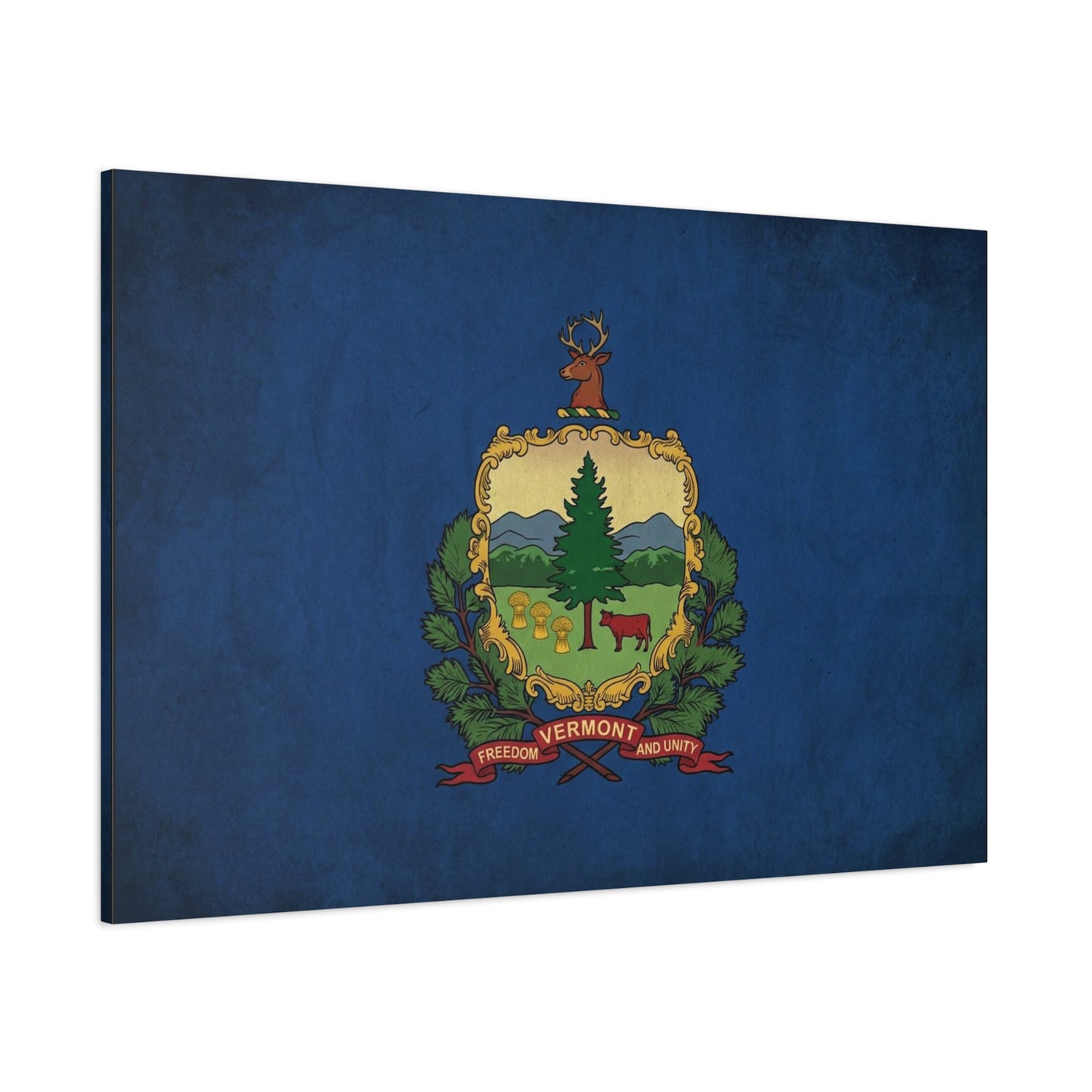 "VERMONT" State Flag Canvas Wall Art - Freedom And Unity Deer Crest Print - Vintage Blue Banner, Rustic Americana Style - Living Room Wall Decor, Office Decoration - Ready to Hang - Ready to Hang