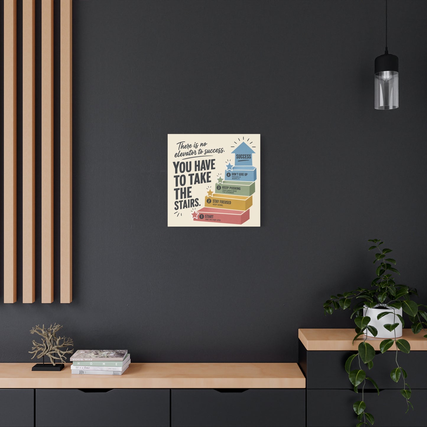 "There Is No Elevator To Success. You Have To Take The Stairs." Motivational Canvas Wall Art - Typography Quote Print, Office Decor, Classroom Poster, Modern Inspirational Home Decoration