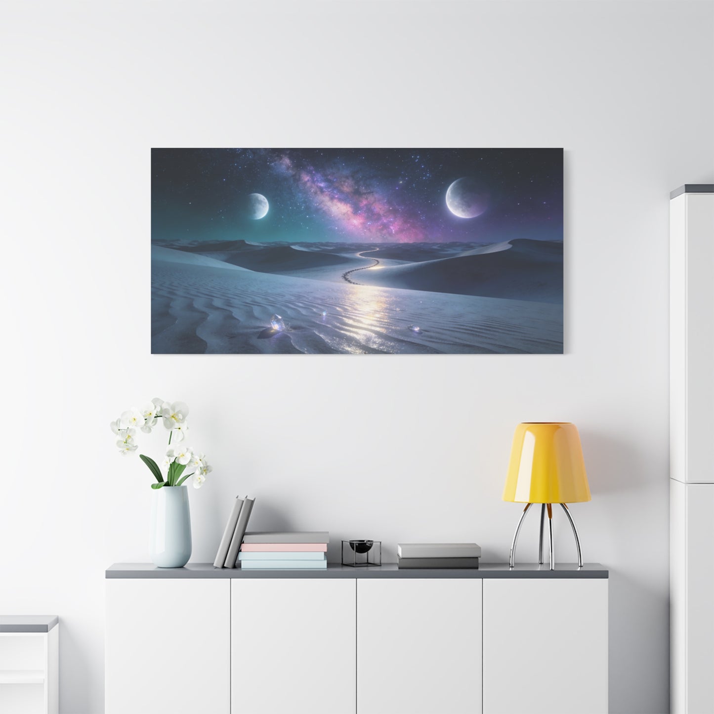 Celestial Desert Canvas Wall Art - Milky Way, Twin Moons, Luminous Dunes - Surreal Nightscape Cotton Print - Contemporary Style, Bedroom Home Decoration, Office Wall Decor - Bedroom Home Decoration