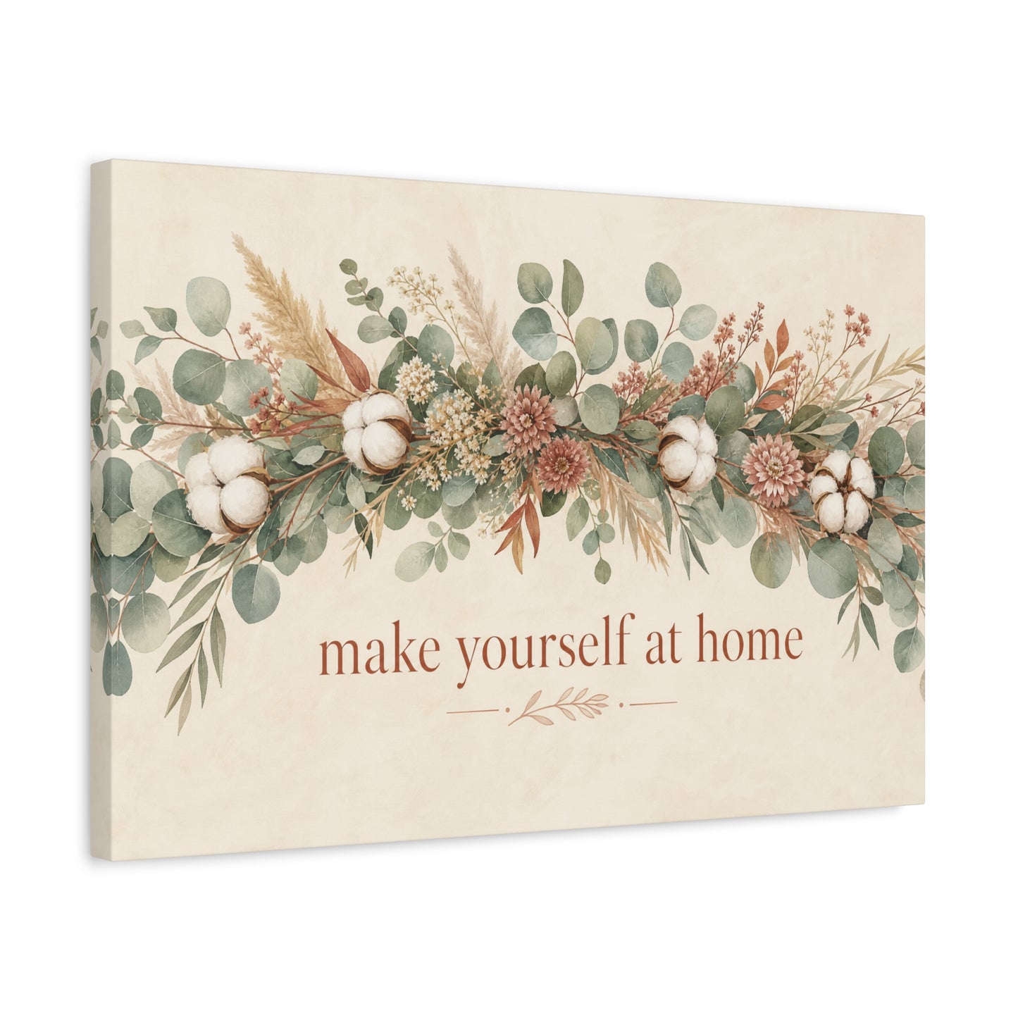 "Make Yourself At Home" Botanical Canvas Wall Art - Eucalyptus Cotton Stem Floral Quote Print - Rustic Farmhouse Style - Living Room Wall Decor - Modern Farmhouse Style - Bedroom Home Decoration