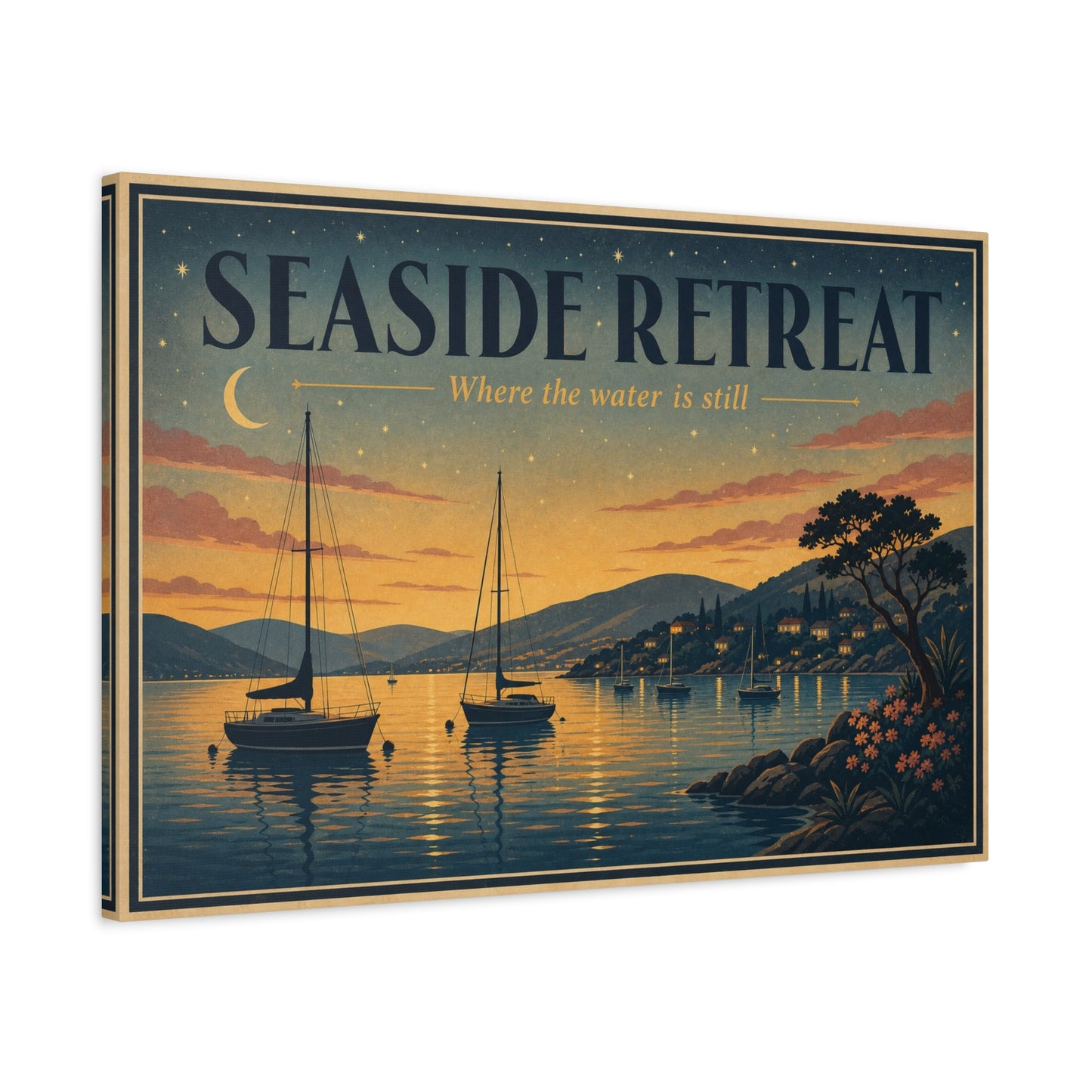 "Seaside Retreat Where The Water Is Still" Coastal Canvas Wall Art - Vintage Sailboat Harbor Sunset Print, Nautical Seascape Decor - Living Room Bedroom Wall Decor - Ready to Hang - Ready to Hang