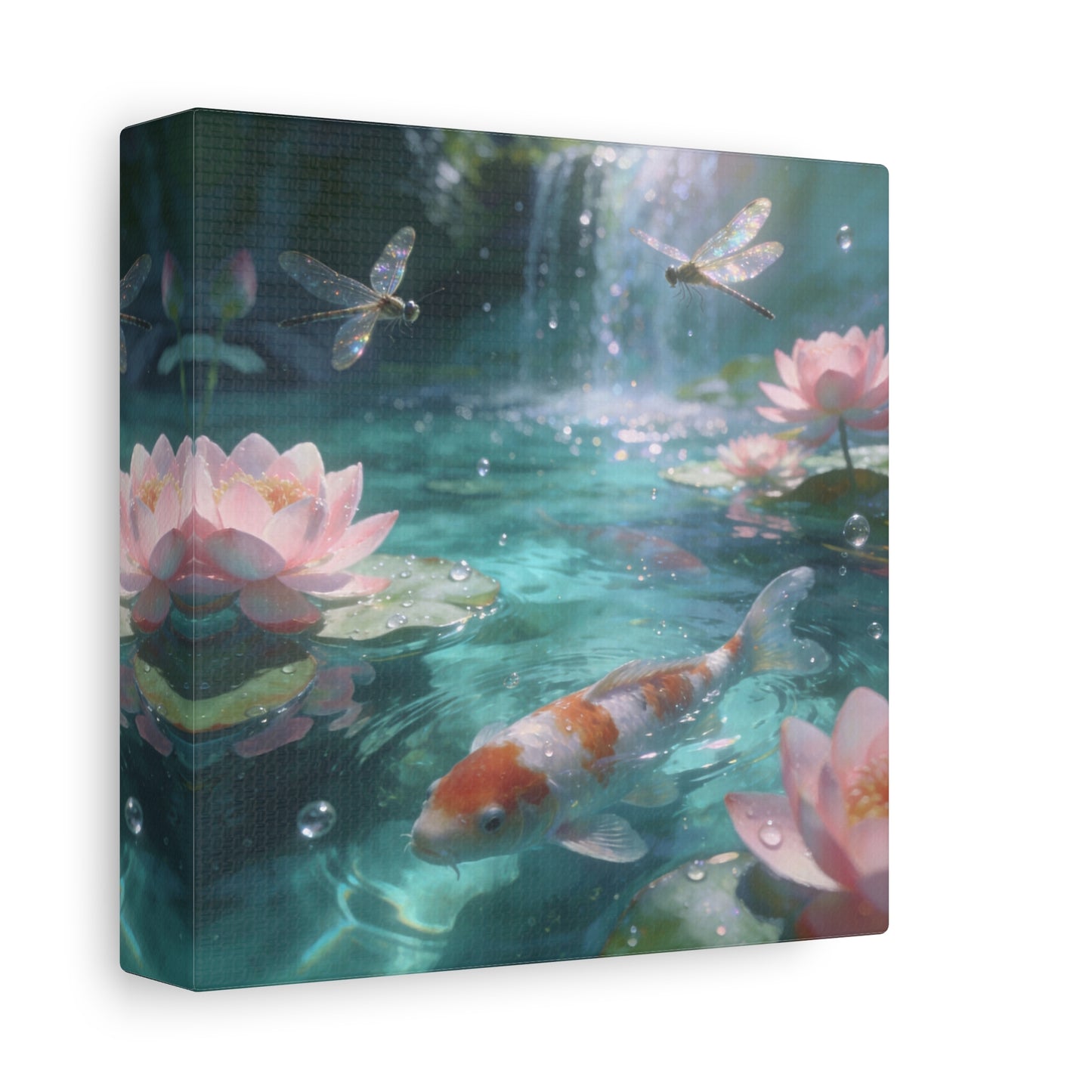Koi Fish Lotus Canvas Wall Art - Dragonflies Over Teal Pond Water, Pink Water Lily Floral Scene - Dreamy Matte Canvas Print - Bedroom Wall Decor, Living Room Home Accent - Bedroom Home Decoration