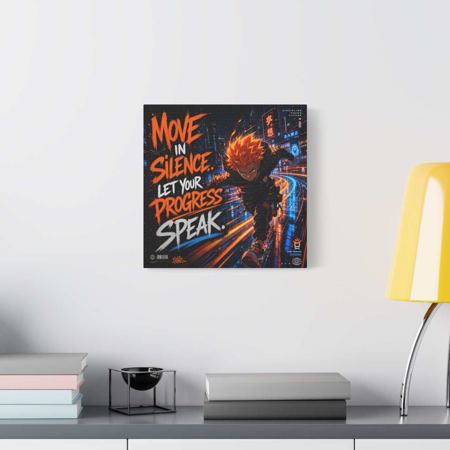 "Move In Silence Let Your Progress Speak" Anime Canvas Wall Art - Cyberpunk Runner Motivational Quote Print, Neon City Street Illustration - Teen Bedroom Decor, Home Office Accent - Office Wall Art