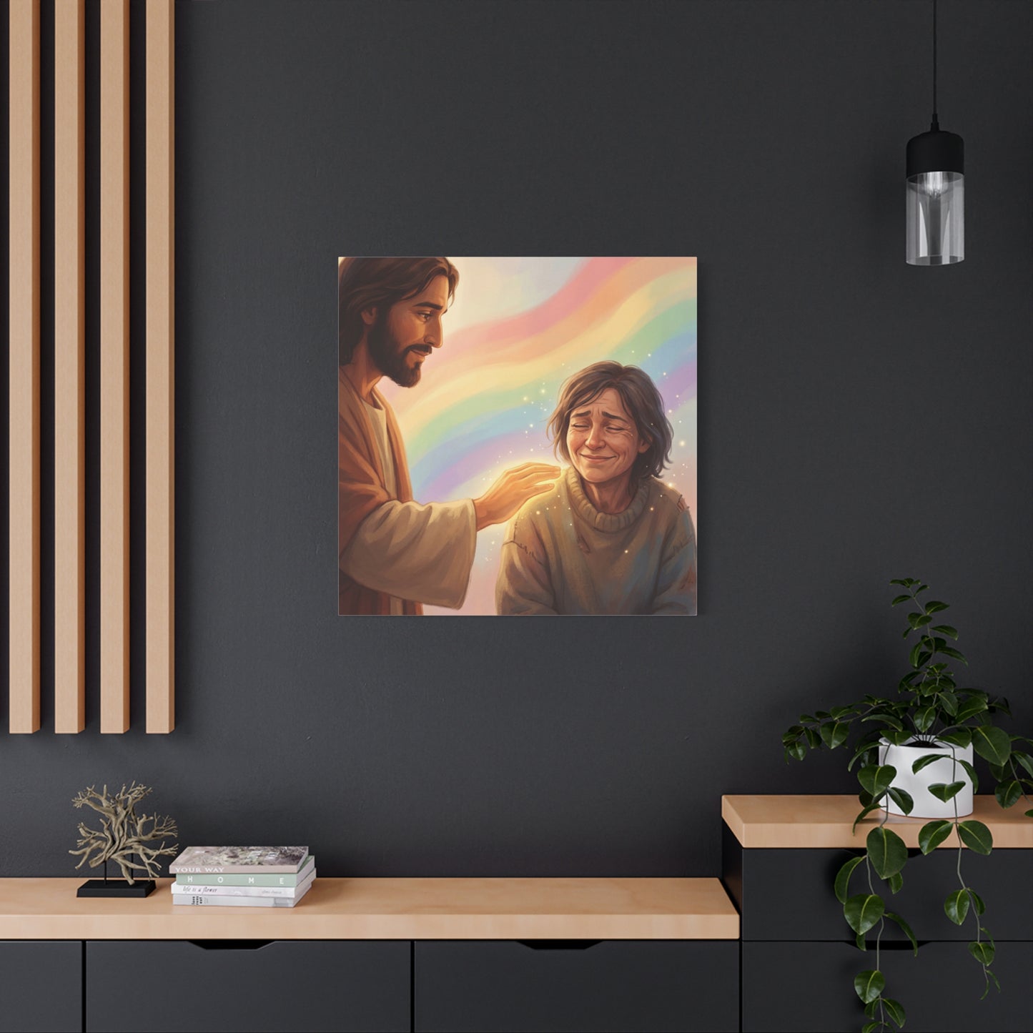 Jesus Christ Comforting Woman Canvas Wall Art - Rainbow Christian Wall Decor, Faith Home Decoration - Matte Canvas Print, Inspirational Religious Artwork - Living Room Bedroom Office - Ready to Hang