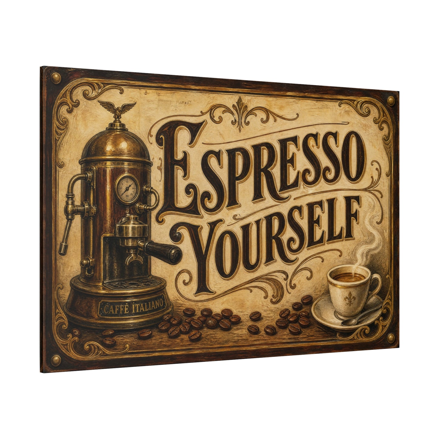 "Espresso Yourself" Coffee Canvas Wall Art - Vintage Espresso Machine, Cafe Decor - Matte Cotton Print, Rustic Farmhouse Style - Ready to Hang - Coffee Shop Decor - Cafe Wall Art - Matte Finish Print