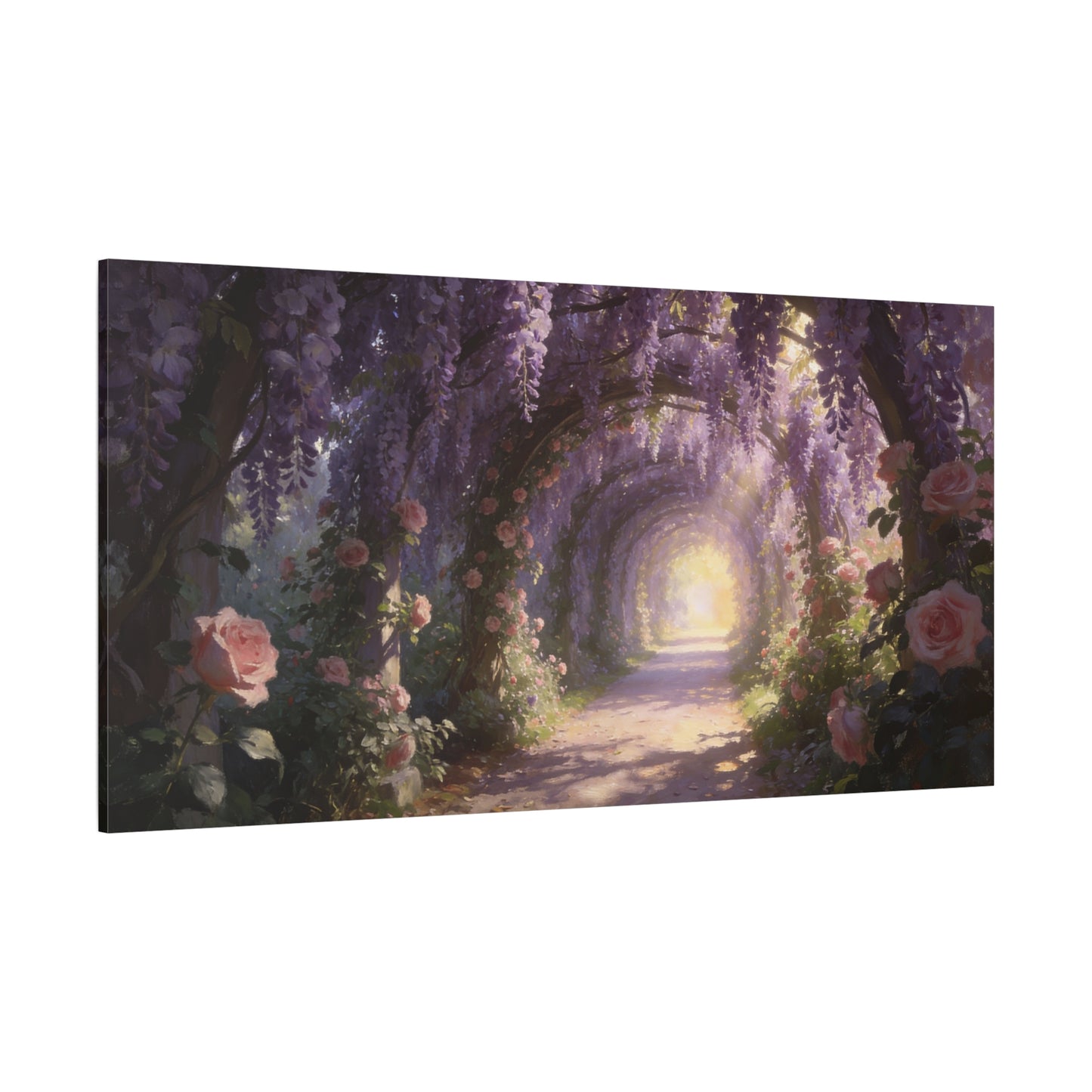 Wisteria Rose Garden Path Canvas Wall Art - Dreamy Floral Tunnel, Luminous Painterly Scene - Gallery Wrapped Cotton Print - Bedroom Wall Decor, Bohemian Home Accent - Bedroom Home Decoration