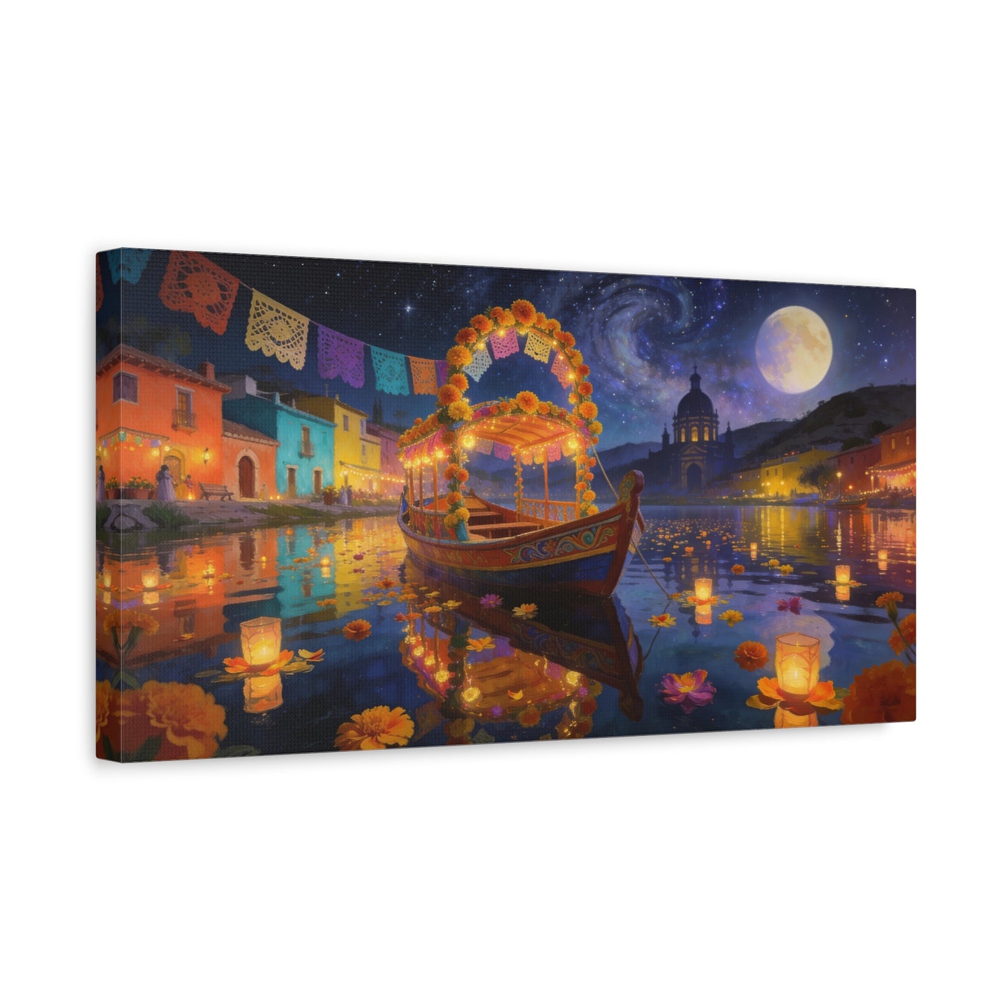 Moonlit Marigold Boat Canvas Wall Art - Colorful Festival Lake Scene, Full Moon Night Sky - Matte Cotton Art Print - Bohemian Living Room Wall Decor, Bedroom Home Decoration - Bedroom Home Decoration