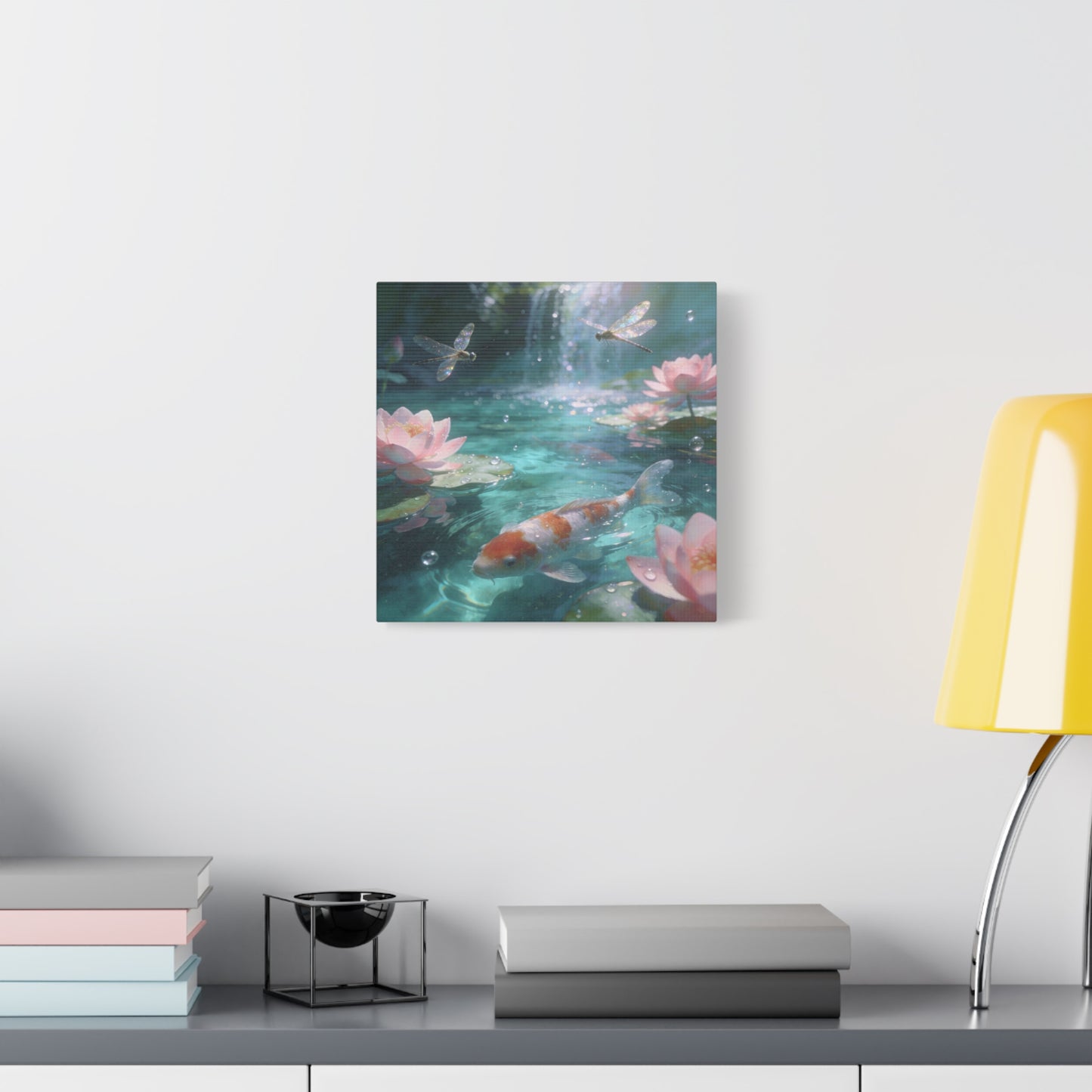 Koi Fish Lotus Canvas Wall Art - Dragonflies Over Teal Pond Water, Pink Water Lily Floral Scene - Dreamy Matte Canvas Print - Bedroom Wall Decor, Living Room Home Accent - Bedroom Home Decoration