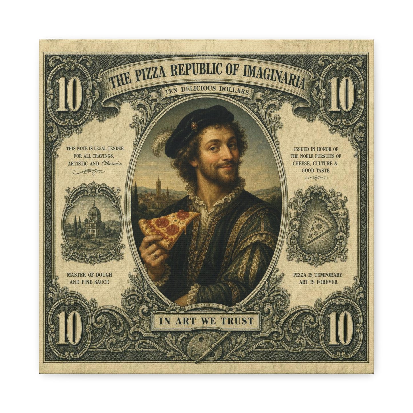 "The Pizza Republic Of Imaginaria" Canvas Wall Art - Vintage Typography Portrait Print, Renaissance Pizza Note Design, Eclectic Office Wall Decor, Cafe Wall Art, Humor Canvas - Reception Area Decor