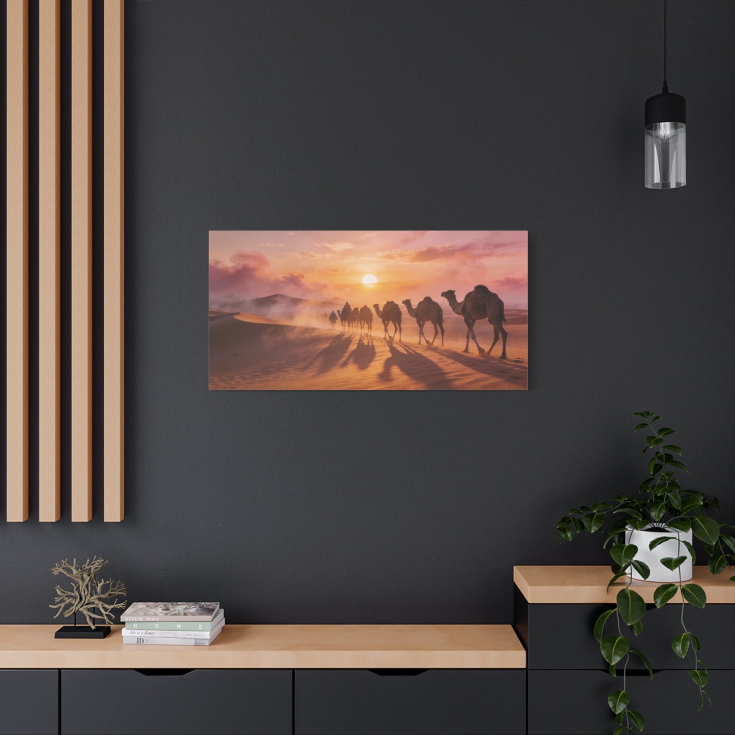 Desert Camel Caravan Canvas Wall Art - Sunset Sand Dunes, Golden Horizon, Matte Finish Canvas Print - Contemporary Landscape Style - Living Room Wall Decor, Bedroom Home Decoration - Ready to Hang