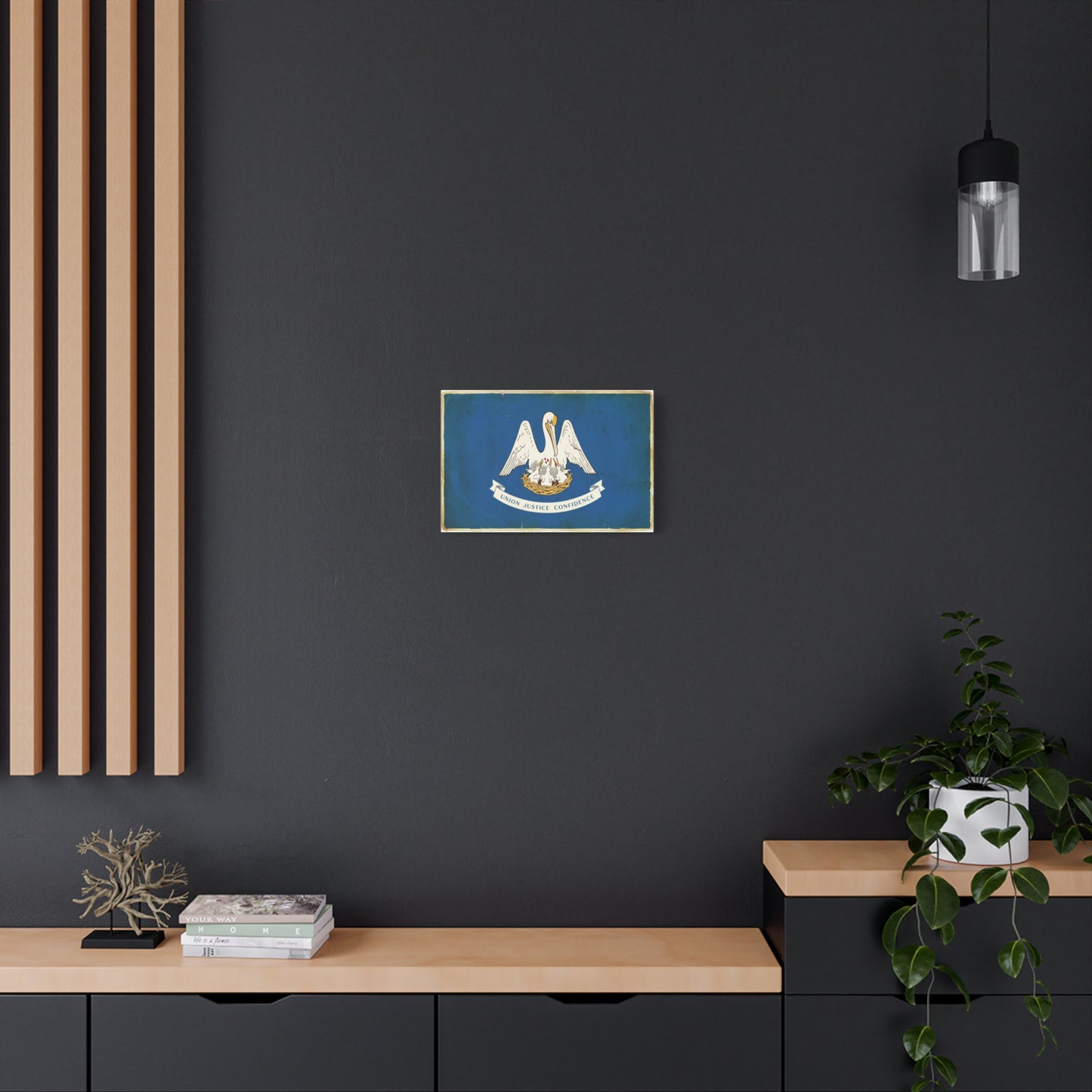 "Union Justice Confidence" Louisiana State Flag Canvas Wall Art - Vintage Pelican Crest Print, Distressed Blue Banner, Patriotic Traditional Decor - Living Room Office Wall Decor - Ready to Hang