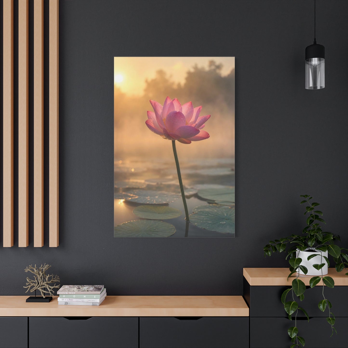 Pink Lotus Canvas Wall Art - Serene Water Lily Sunrise Floral Print - Soft Golden Light, Matte Canvas Print - Bedroom Wall Decor, Bathroom Home Decoration, Zen Meditation Space - Cozy Reading Nook Art