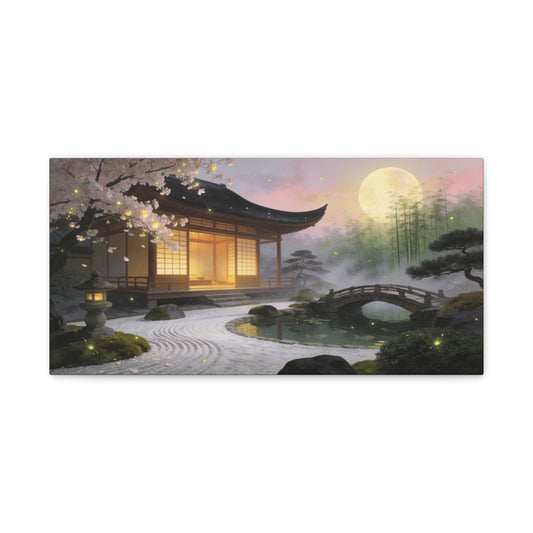 Japanese Zen Garden Canvas Wall Art - Moonlit Temple, Cherry Blossoms, Bamboo Mist - Serene Landscape Canvas Print - Traditional Style, Bedroom Wall Decor, Meditation Space - Bedroom Home Decoration