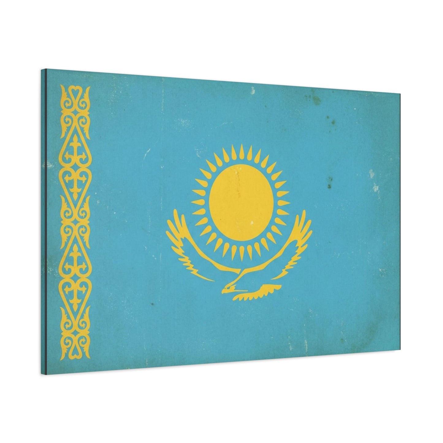 Kazakhstan Flag Canvas Wall Art - Blue And Gold Sun Eagle Emblem, Vintage Nation Print - Matte Cotton Artwork, Patriotic Living Room Wall Decor, Office Art Accent Style - Bedroom Home Decoration