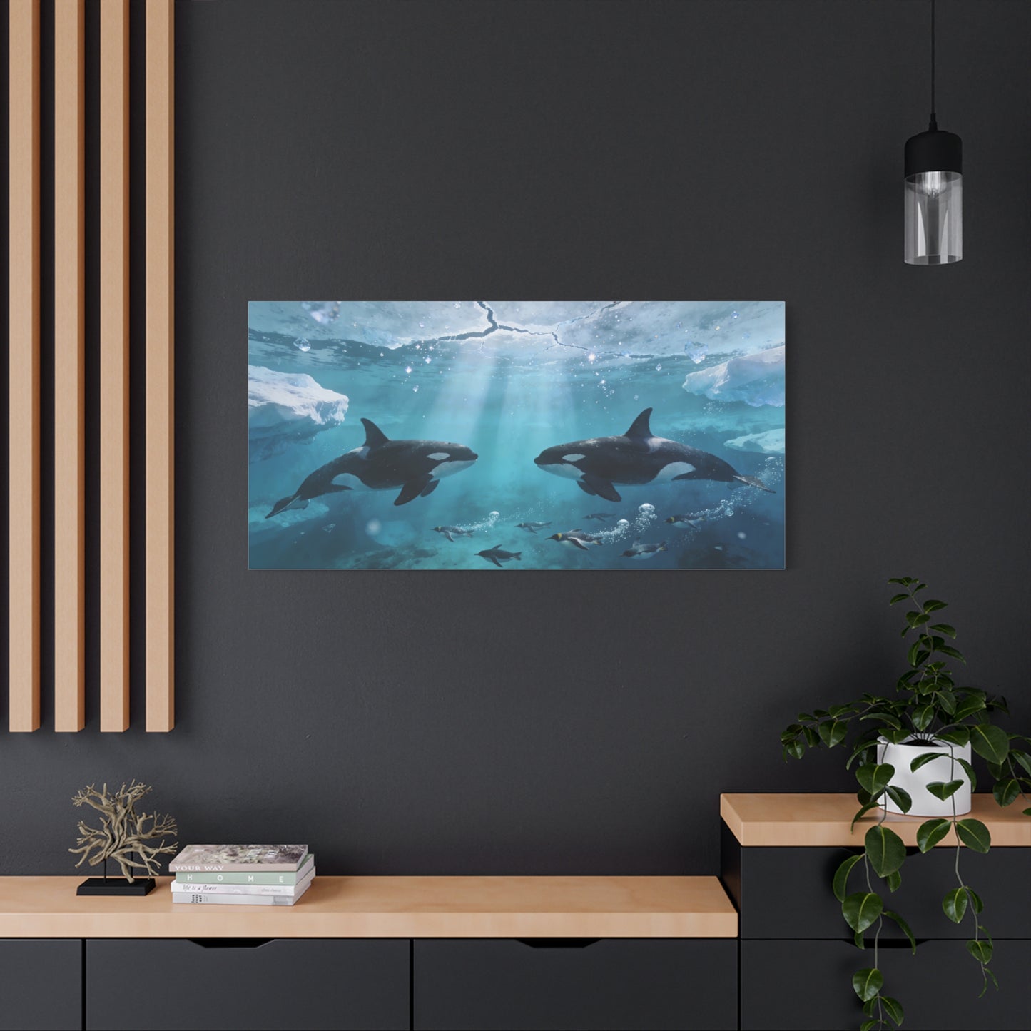 Orca Whale Canvas Wall Art - Arctic Ocean Underwater Scene, Penguins, Sea Ice - Coastal Wildlife Decor - Matte Canvas Print - Living Room Wall Decor, Bedroom Home Decoration - Bedroom Home Decoration