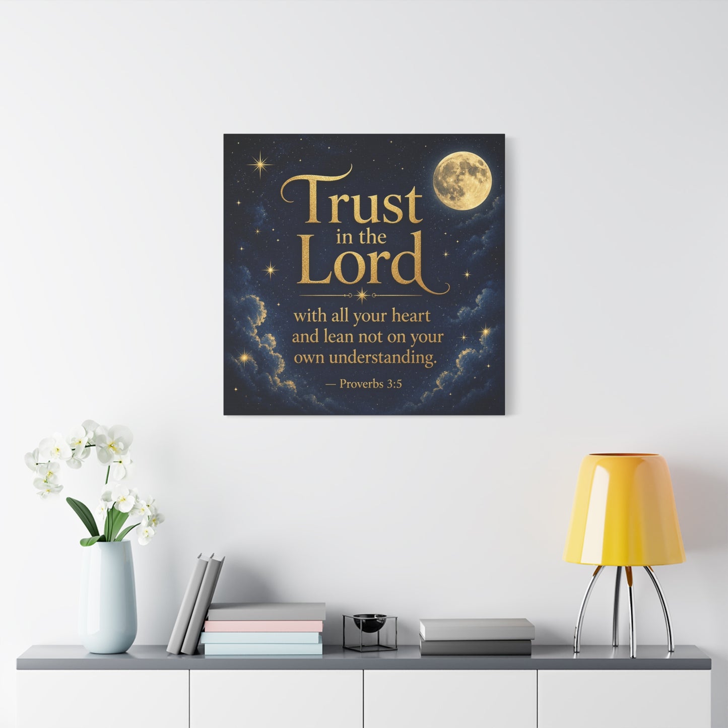 "Trust In The Lord" Bible Verse Canvas Wall Art - Moonlit Scripture Quote, Gold Typography, Christian Wall Decor - Traditional Night Sky Design - Bedroom Living Room Decoration - Ready to Hang
