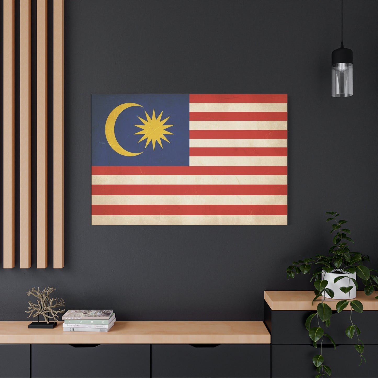 Malaysia Flag Canvas Wall Art - Vintage Malaysian Crescent And 14 Point Star Print - Patriotic Red White Blue Stripes - Cultural Heritage Decor - Living Room Office Wall Decor - Modern Farmhouse Style