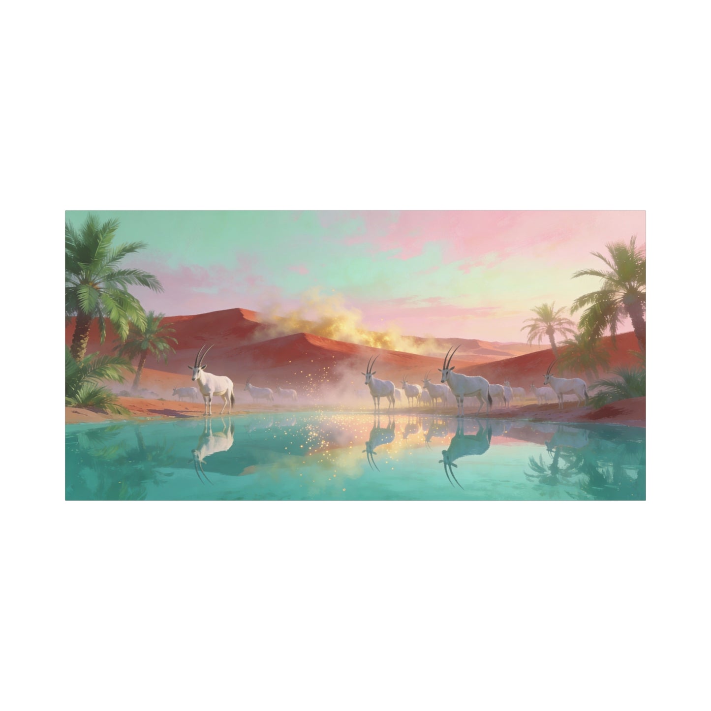 Desert Oasis Oryx Canvas Wall Art - Antelope Lake Reflection, Palm Dunes - Dreamy Surreal Cotton Print - Contemporary Landscape Style - Living Room Wall Decor, Bedroom Accent - Bedroom Home Decoration