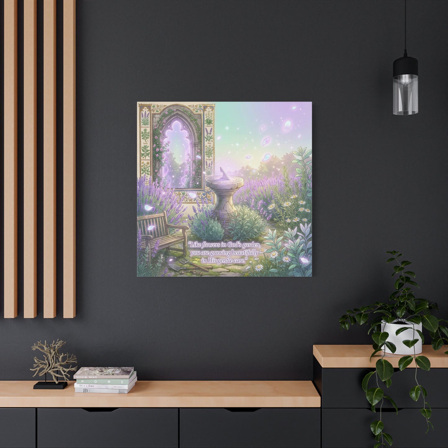 "Like Flowers In God's Garden, You Are Growing Beautifully In His Gentle Care" Canvas Wall Art - Lavender Garden Arch, Sundial Bench - Pastel Botanical Decor For Bedroom Living Room - Office Wall Art