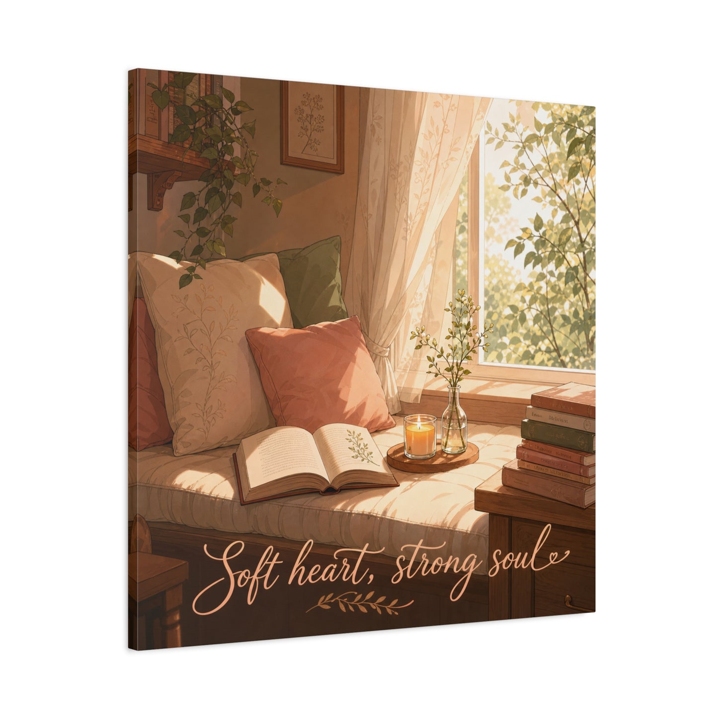 "Soft Heart, Strong Soul" Reading Nook Canvas Wall Art - Sunlit Window Seat, Books, Candle, Botanical Bedroom Decor - Cozy Cottagecore Style - Living Room Wall Decor - Bedroom Home Decoration
