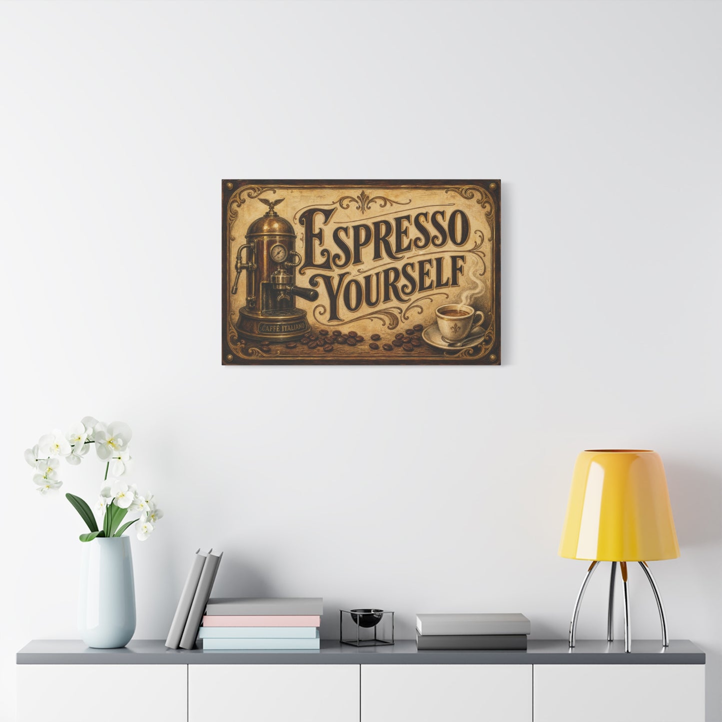 "Espresso Yourself" Coffee Canvas Wall Art - Vintage Espresso Machine, Cafe Decor - Matte Cotton Print, Rustic Farmhouse Style - Ready to Hang - Coffee Shop Decor - Cafe Wall Art - Matte Finish Print