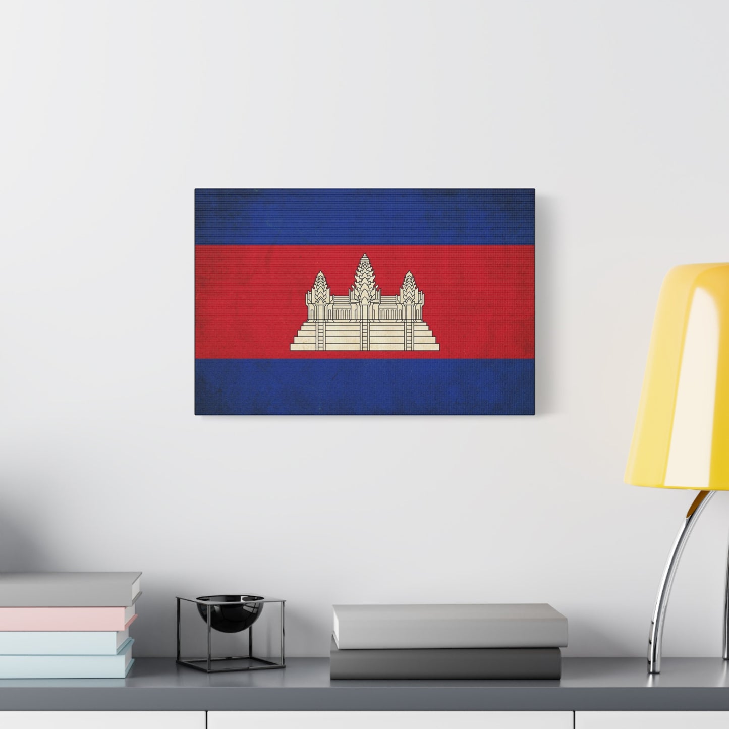 Cambodia Flag Canvas Wall Art - Khmer Temple Emblem Patriotic Print, Vintage National Decor - Textured Red Blue Banner Style - Living Room Wall Decor - Bedroom Home Decoration - Modern Farmhouse Style