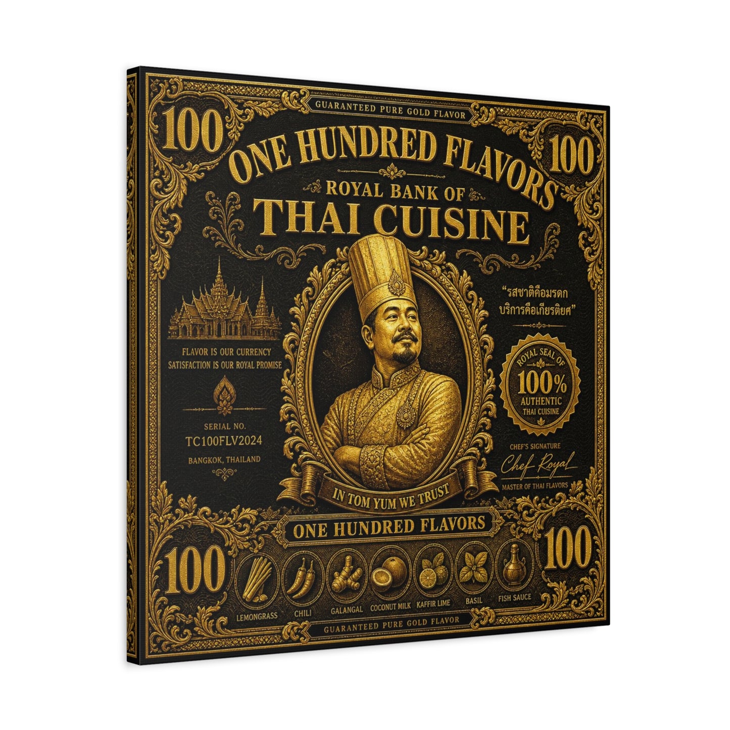 "One Hundred Flavors" Thai Cuisine Canvas Wall Art - Vintage Gold Chef Portrait, Typography Poster Print, Ornate Bangkok Illustration - Restaurant Decor, Dining Room Accent, Cafe Wall Decor