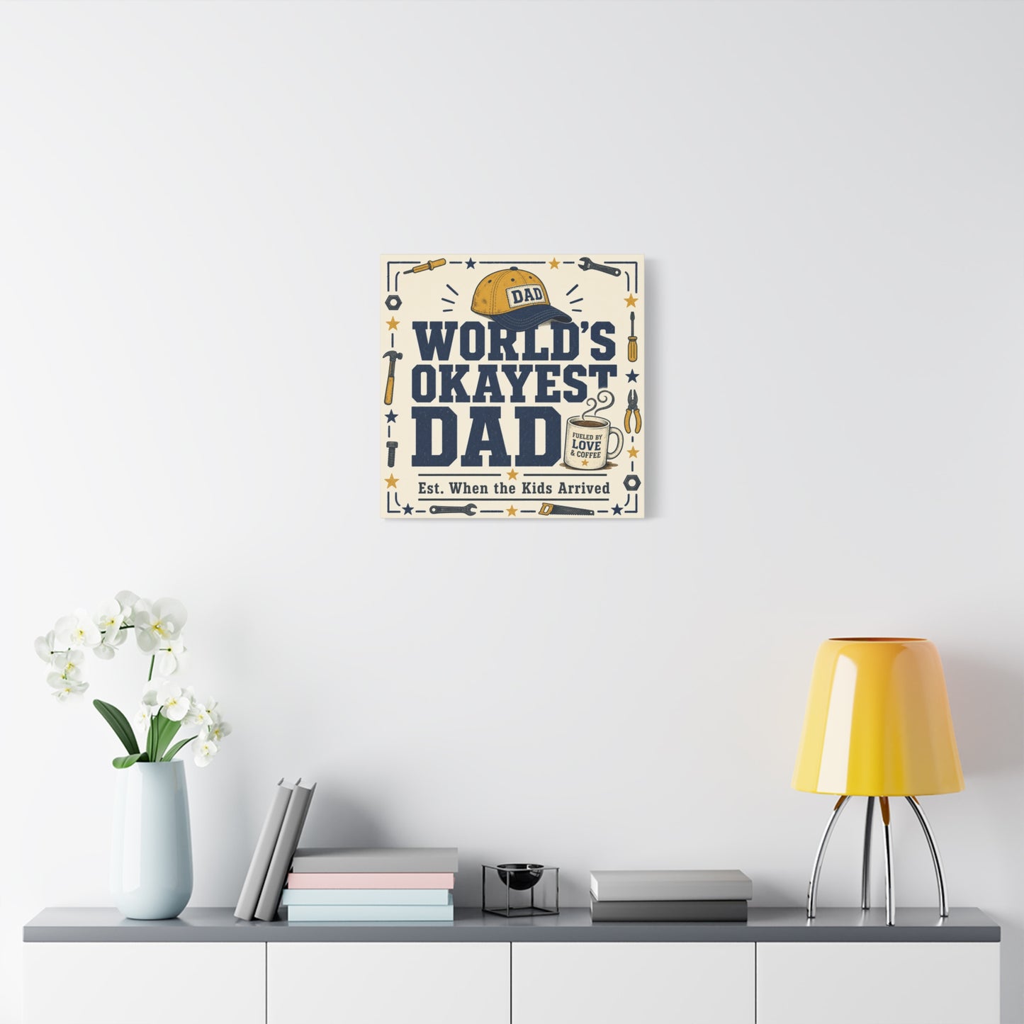 "World's Okayest Dad" Canvas Wall Art - Funny Dad Quote Print, Tool Theme Workshop Decor, Rustic Typography Home Decoration, Man Cave Office Wall Hanging - Bedroom Home Decoration - Ready to Hang