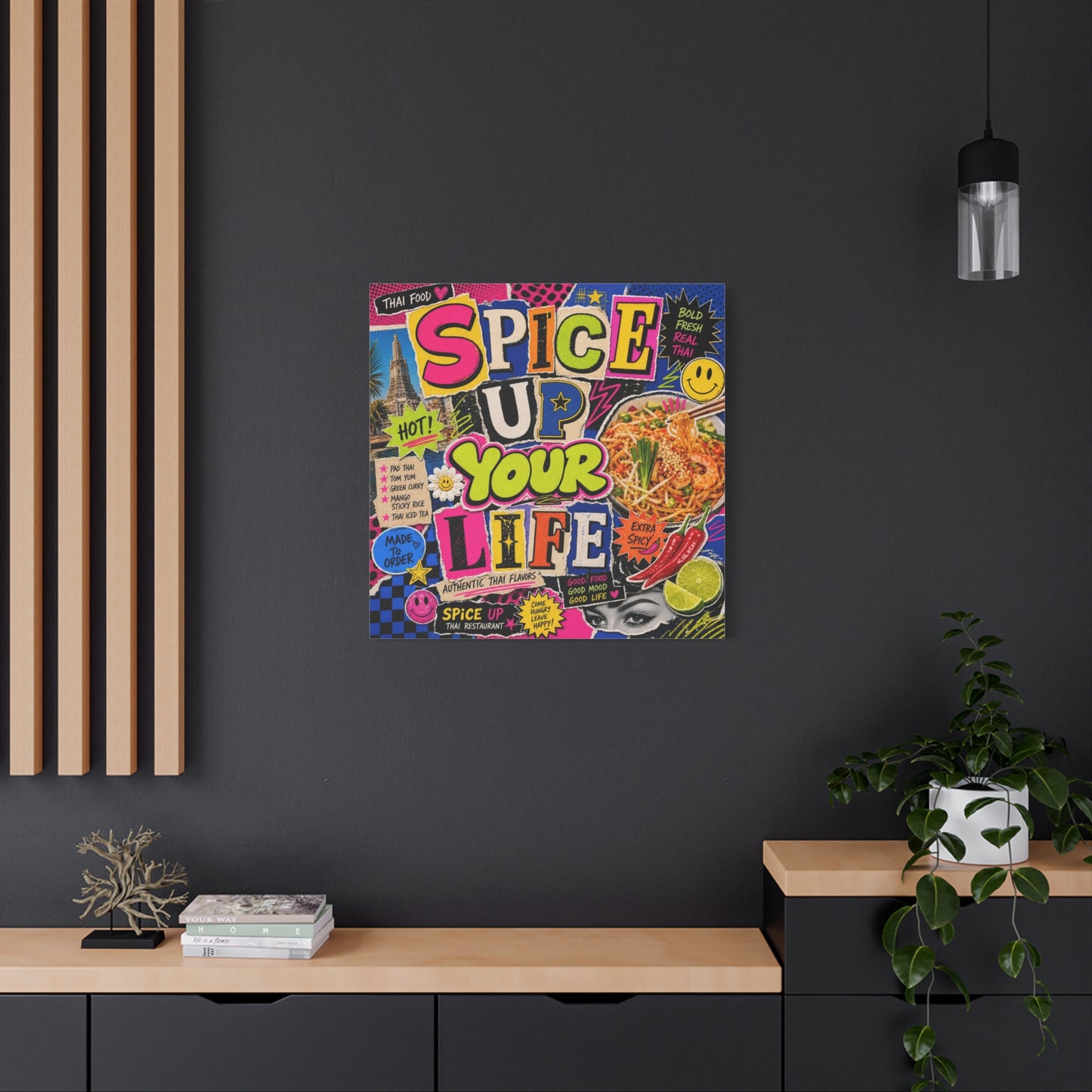 "Spice Up Your Life" Canvas Wall Art - Thai Food Pop Art Collage, Typography Print, Neon Color Street Poster Style, Cafe Decor, Dining Room Accent, Kitchen Wall Hanging, Contemporary - Ready to Hang