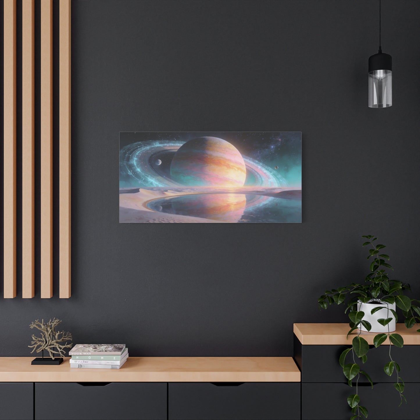 Ringed Planet Canvas Wall Art - Pastel Space Landscape, Celestial Desert Lake Reflection - Contemporary Surreal Canvas Print - Living Room Wall Decor, Bedroom Home Decoration - Bedroom Home Decoration